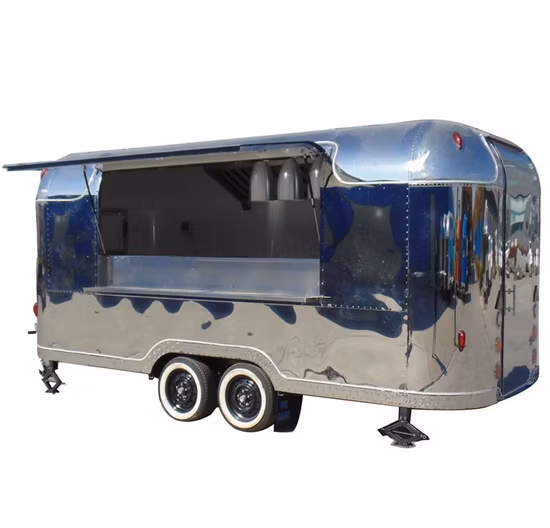 Camion per alimenti Airstream mobile in acciaio inossidabile lucido/trafilato di nuovo stile, rimorchio per alimenti Airstream per catering standard UE